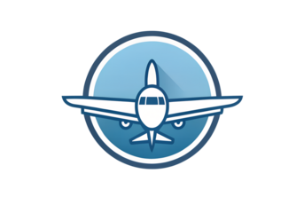Stylized icon of a front view of a commercial airplane with wings extended, set against a blue gradient circle isolated on transparent background