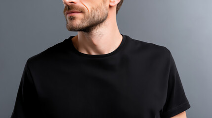 Obraz premium Man wearing a plain black t-shirt, with a beard and mustache, standing against a simple gray background