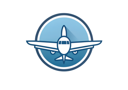 Stylized icon of a front view of a commercial airplane with wings extended, set against a blue gradient circle isolated on transparent background