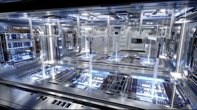 QPU. Quantum Processing Unit. Quantum Computing. Hardware Design. Superconducting Circuits. Future Technology. A futuristic metallic interior with glowing technology panels.