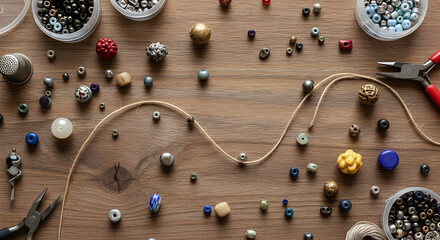 The images showcase the essential materials and tools—like colorful beads, spools of wire and twine, and pliers—highlighting the hands-on process of creating handmade accessories. 