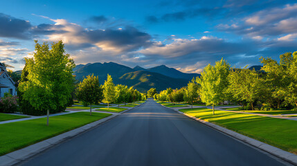 Fototapeta premium A peaceful suburban street lined with green trees and manicured lawns stretches toward distant mountains under a dramatic blue sky with scattered clouds