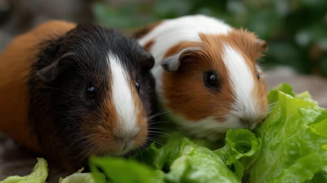 Two adorable guinea pigs munch on fresh lettuce, evoking a sense of playfulness and joy in the simplicity of pet care and the delight of small animal companionship.