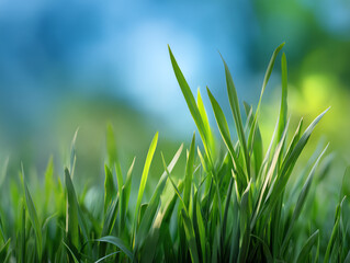 Close-up of fresh green grass blades with a blurred blue and green background, highlighting natural growth and vibrant outdoor scenery