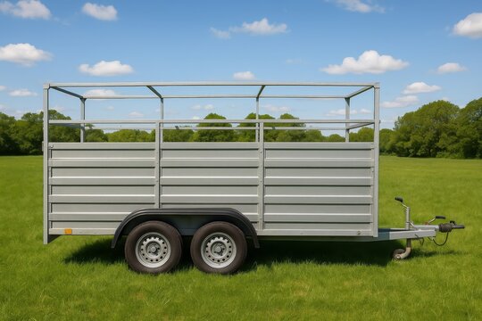 This galvanized trailer sits in a lush green field under a clear blue sky. It awaits transport of animals or equipment.