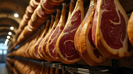 Hanging Cured Meat Products in Delicatessen with Warm Lighting and Rustic Atmosphere