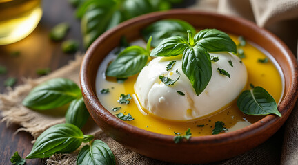 Creamy Burrata Cheese Drenched in Olive Oil and Fresh Basil Leaves on Rustic Table