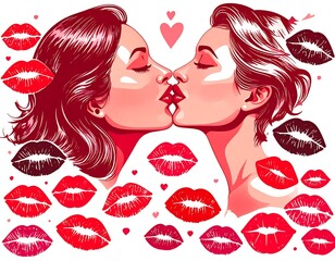 Two women kissing, surrounded by various lip prints