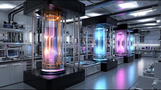QPU. Quantum Processing Unit. Quantum Computing. Hardware Design. Superconducting Circuits. Future Technology. Futuristic lab featuring vibrant energy tubes and advanced technology.