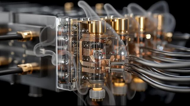 QPU. Quantum Processing Unit. Quantum Computing. Hardware Design. Superconducting Circuits. Future Technology. Close-up of intricate electronic components and circuitry.