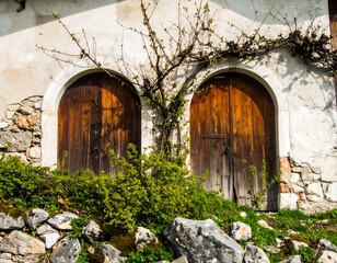 Two wooden arched doors on a stone building