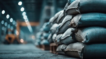 Organizing fresh cement bags in a warehouse for efficient storage industrial environment perspective on neat stacking