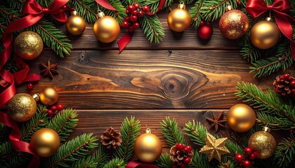 ヴィンテージ調の暗い木製背景と、豪華な赤と金のクリスマスフレームGenerated image