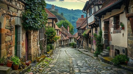 Fototapeta premium An Old Cobblestone Road in a Historic European Village