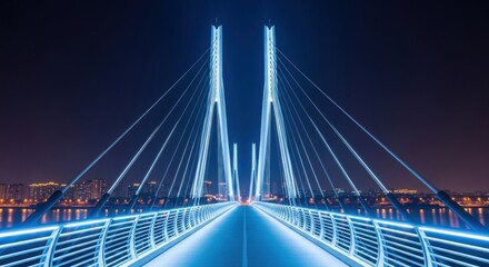 Naklejka premium A symmetrical illuminated bridge glows against the night sky, leading towards a distant cityscape reflected in water