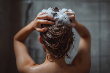 Fototapeta premium Person washing hair with shampoo, covered in foam, in a shower with a blurred background