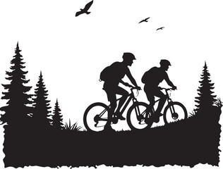 Obraz premium Two cyclists riding mountain bikes on a grassy hill with pine trees