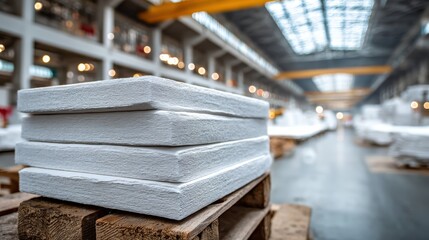 Stacking pristine white ceiling panels warehouse building materials industrial space ground level neat bundled organization
