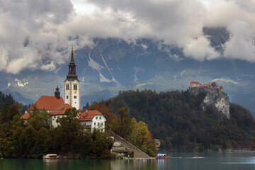 Obraz premium lake bled slovenia, Bled Island, Church on the Island and Bled Castle, Lake Bled