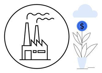 Factory releasing emissions in circular outline paired with a potted plant growing a dollar sign. Ideal for sustainability, green economy, business growth, industrial impact, eco-awareness
