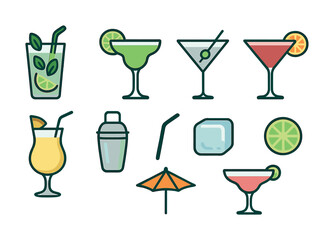 Colorful cocktail icons set featuring popular drinks and garnishes