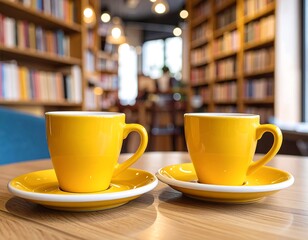Two yellow coffee cups on a table in a library