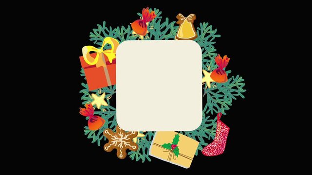 Christmas border background animated fir branches circle, wreath, space for text. Screensaver greeting cards, natural rustic decorations, holly plant botanical New Year frame.