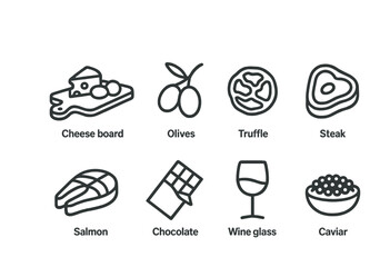Outline icons of cheese, olives, truffle, steak, salmon, chocolate, wine glass, and caviar