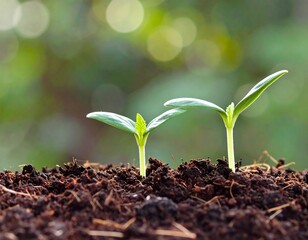 Two young sprouts emerge from dark soil
