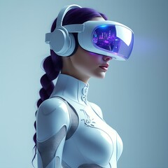 Futuristic VR Vision A Woman in White Immersed in a Cyberpunk Cityscape, Purple Hair and Advanced Tech