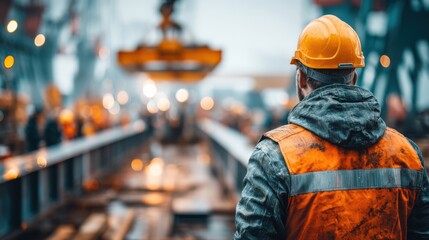 Construction worker supervising standard placement construction site photography urban environment overhead view construction management