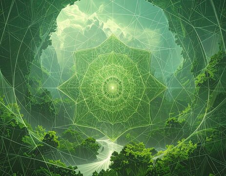 Geometric web mandala over a lush green forest