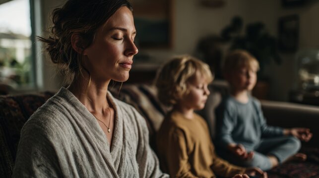 A woman and two children meditate indoors. The woman is Caucasian with brown hair, wearing a gray robe. The children are young boys, one with blond hair and the other with brown hair.