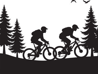Obraz premium Two cyclists riding mountain bikes through pine trees