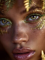 Close-up beauty portrait of a woman with glitter makeup and leaf accents, highlighting luxurious skin and artistic cosmetics