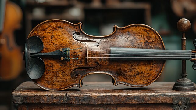 Antique Violin on Wooden Workshop Table