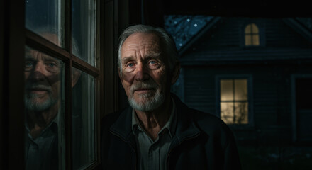 An elderly man stands alone at the window of an old house.