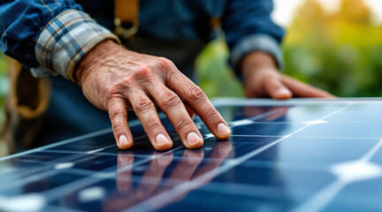 Close-Up of Hand Examining Solar Panel with Soft Background Light in Nature Setting