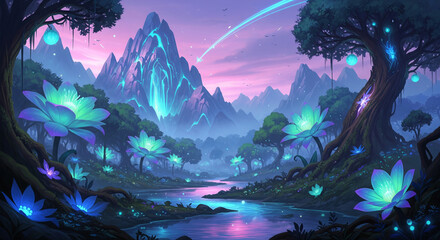 Beautiful fantasy landscape. Magical, fabulous neon glow.