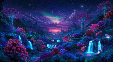 Beautiful fantasy landscape. Magical, fabulous neon glow.