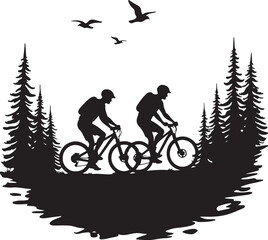 Obraz premium Two cyclists riding mountain bikes through pine trees