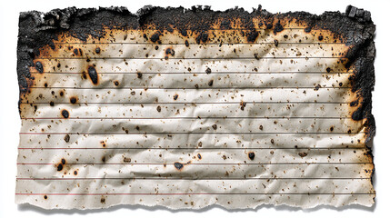 A piece of lined paper with burn marks and charred edges on white