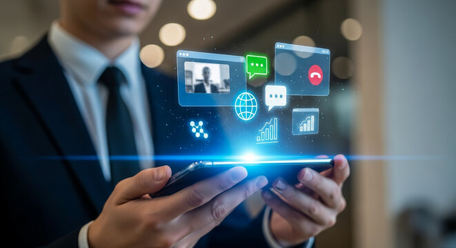 A businessman in a suit holds a smartphone displaying holographic communication and data icons, representing modern digital interaction and business technology.
