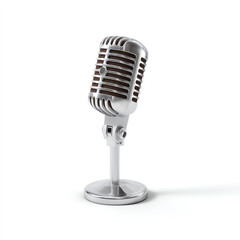 A vintage-style silver microphone with a metal mesh grille on a stand, isolated on a white background, showcasing a classic design for audio recording or broadcasting