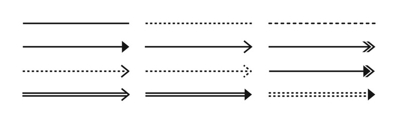Straight and dashed line arrow icon set. Vector illustration