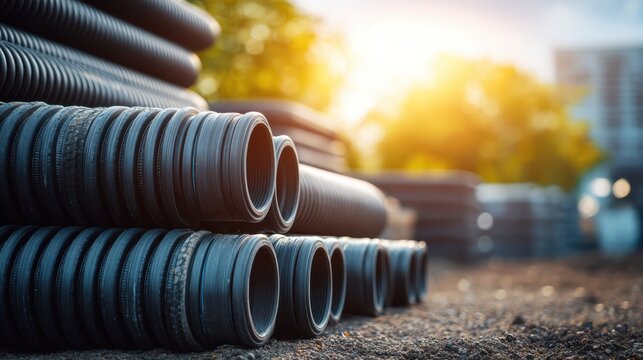 Coiled black pe pipes arranged outdoors at construction site industrial material natural environment ground level view pipe installation concepts