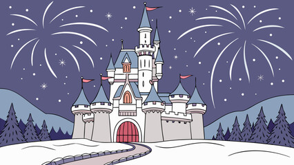 Fairytale castle with fireworks in a snowy landscape at night background