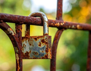 Rusty padlock on a weathered fence