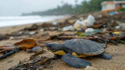 A small hatchling turtle struggles on a littered beach, highlighting the urgent need for marine conservation and the impact of pollution on vulnerable wildlife and their habitats.
