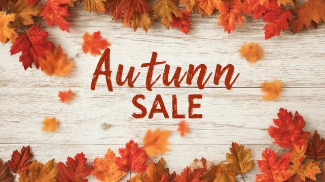 Vibrant autumn leaves frame "Autumn Sale" text on rustic wood